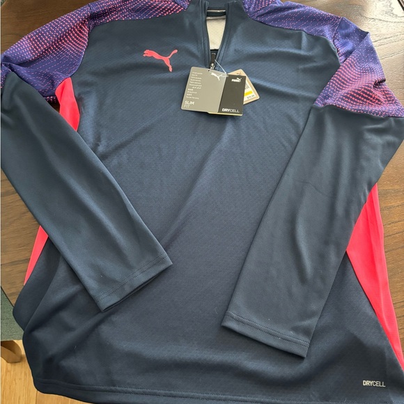 Puma Slim Fit Navy Zip Shirt with Pink Puma Logo and Pink Accent Pattern - Picture 2 of 8